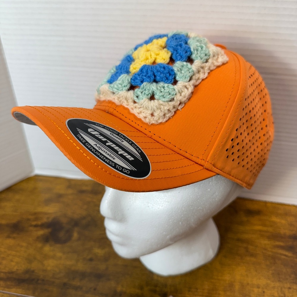 Custom Handmade Crochet Granny Square Trucker Hat Snapback Cap Women Orange Boho